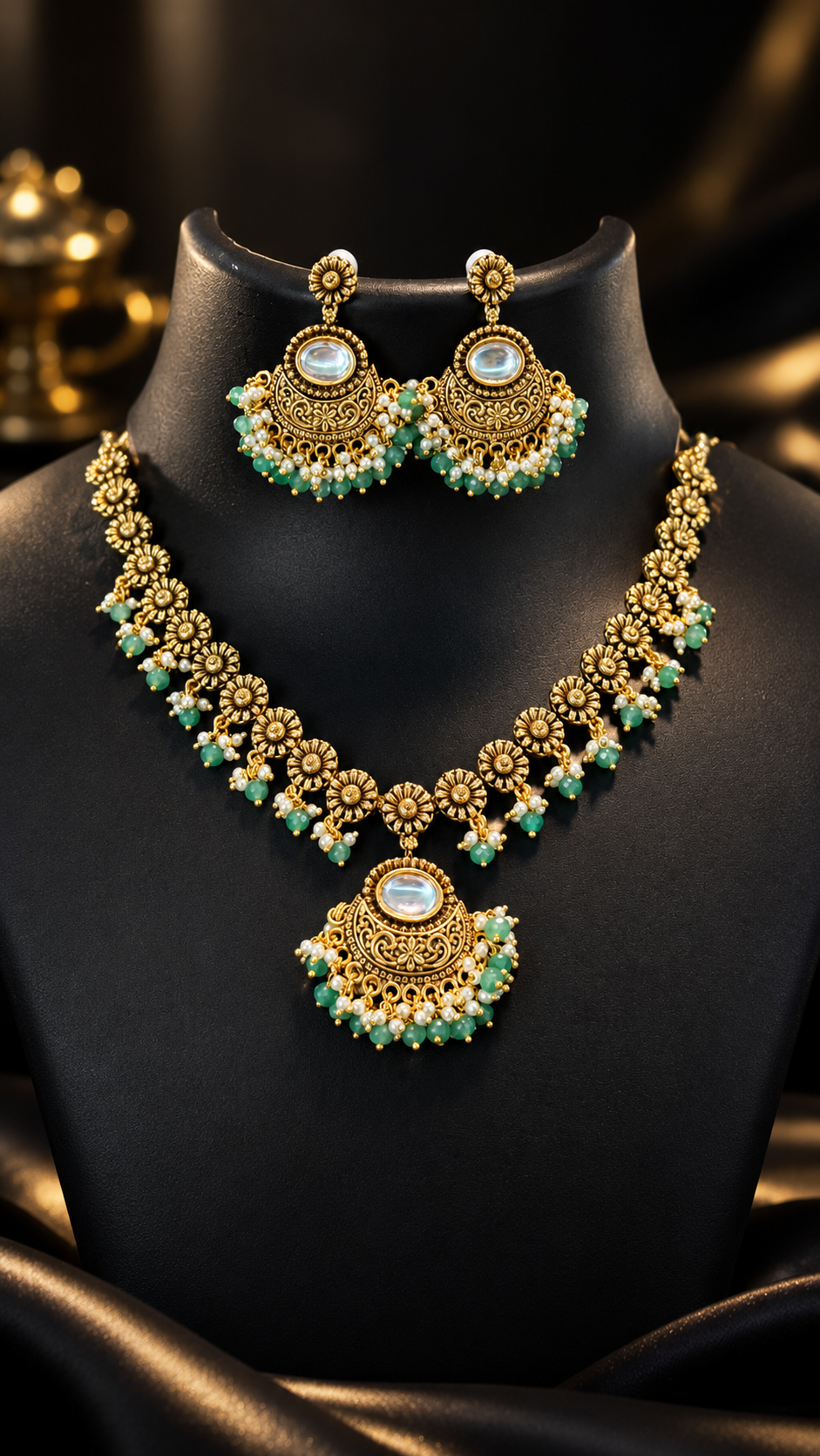 Antique Finish Necklace set with Kundan